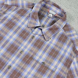 Nike ACG Shirt Mens XL Brown Blue Plaid Short Sleeve Button Front Hiking Outdoor